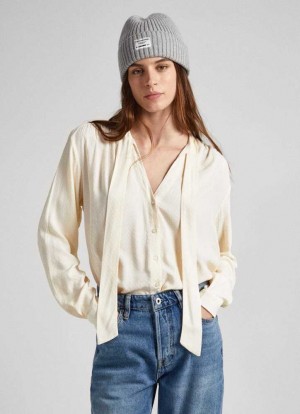 Blusa Pepe Jeans Dobby Blouse With Tie Neck Mujer Blancas | 397UZMTEL