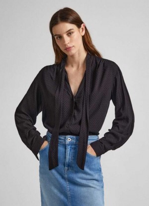 Blusa Pepe Jeans Dobby Blouse With Tie Neck Mujer Negras | 205INZDAV