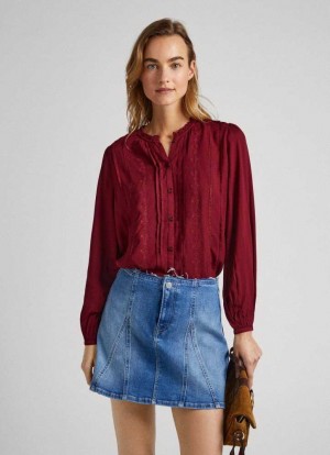 Blusa Pepe Jeans Embroidered Romantic Cut Blouse Mujer Burdeos Rojas | 604JOHFGQ