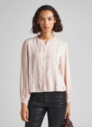 Blusa Pepe Jeans Embroidered Romantic Cut Blouse Mujer Gris Rosas Rosas | 130HLAEBX