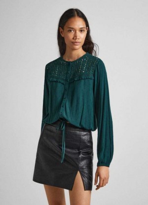 Blusa Pepe Jeans Eyelet Open Weave Blouse Mujer Verde | 132ODACNP