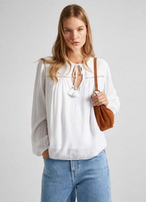 Blusa Pepe Jeans Fluid Blouse With Encaje Detail Mujer Blancas | 601NGTEQC
