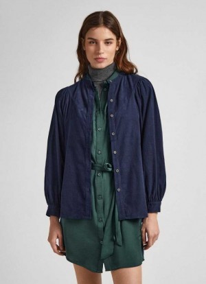 Blusa Pepe Jeans Mandarin Collar Corduroy Blouse Mujer Azules | 457TWZNRU