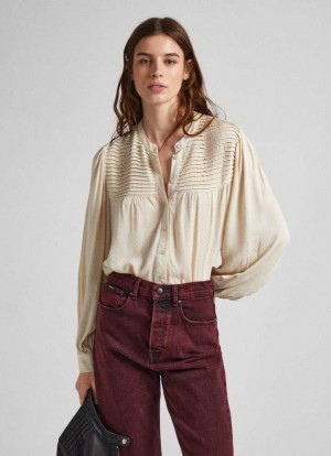 Blusa Pepe Jeans Plisado Blouse Mujer Marrones Beige | 105VZSHFP