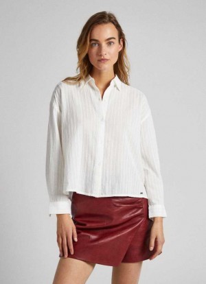 Camisas Pepe Jeans A Rayas Algodon Dobby Shirt Mujer Blancas | 145QHNDIJ