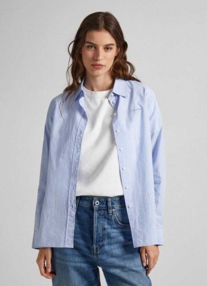 Camisas Pepe Jeans A Rayas Poplin Shirt Mujer Gris Azules | 549FIOQRN