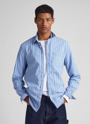 Camisas Pepe Jeans A Rayas Poplin Shirt Hombre Azules | 651OQSBDH