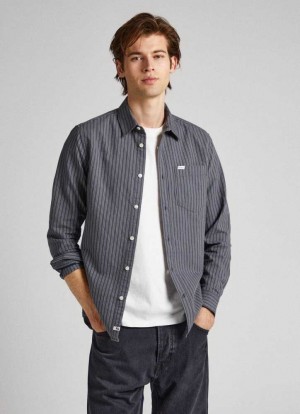 Camisas Pepe Jeans A Rayas Slim Fit Oxford Shirt Hombre Gris | 634OAJRXG