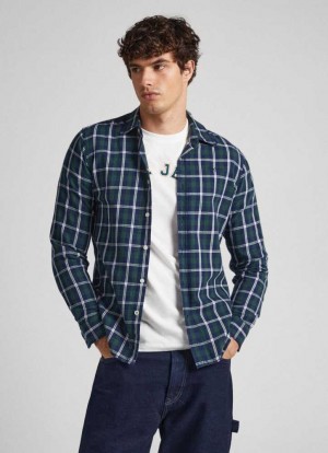 Camisas Pepe Jeans Checked Algodon Twill Shirt Hombre Verde Oscuro | 783GLPXTZ