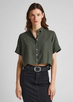 Camisas Pepe Jeans Corta Sleeve Shirt With Openwork Details Mujer Verde Oliva Verde | 586WDHEYP