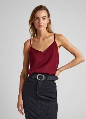 Camisas Pepe Jeans Embroidered Neckline Correa Top Mujer Burdeos Rojas | 314OEPSDH