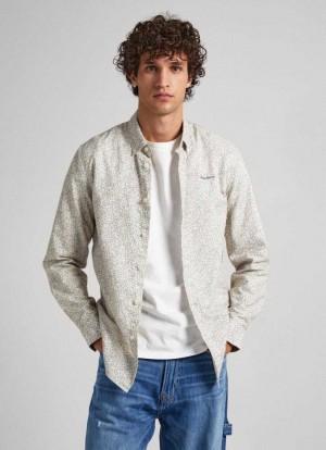Camisas Pepe Jeans Floral Print Oxford Shirt Hombre Blancas | 490VJWIAB