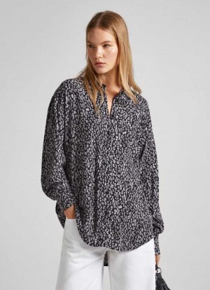 Camisas Pepe Jeans Flowy Animal Print Shirt Mujer Negras | 052SAFGHQ