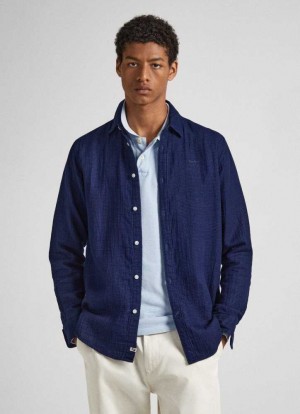 Camisas Pepe Jeans Micro Dots Algodon Shirt Hombre Azules | 384EKPOUQ