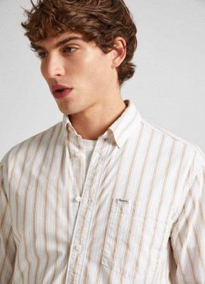 Camisas Pepe Jeans Regular Fit A Rayas Poplin Shirt Hombre Blancas | 587PCSNOR