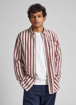 Camisas Pepe Jeans Regular Fit A Rayas Shirt Hombre Burdeos Rojas | 738PEAHWN