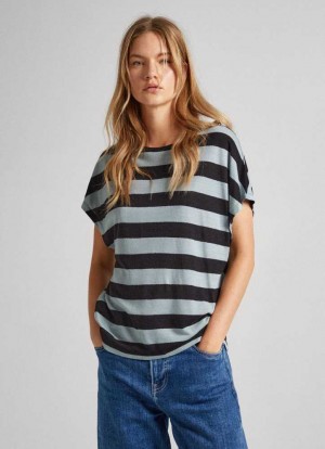 Camiseta Pepe Jeans A Rayas Print T-shirt Mujer Verde | 284BGODXR