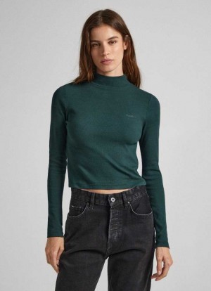 Camiseta Pepe Jeans Acanalado Long-sleeve T-shirt Mujer Verde | 058WBASCK