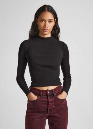 Camiseta Pepe Jeans Acanalado Long-sleeve T-shirt Mujer Negras | 805VRATYC