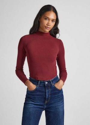 Camiseta Pepe Jeans Acanalado Long-sleeve T-shirt Mujer Burdeos Rojas | 965OZKQPE