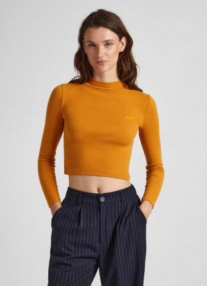 Camiseta Pepe Jeans Acanalado Long-sleeve T-shirt Mujer Amarillo | 730AVNGUJ