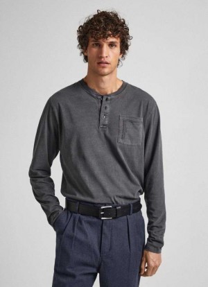 Camiseta Pepe Jeans Henley Collar Long Sleeve T-shirt Hombre Negras | 749BZGIYL