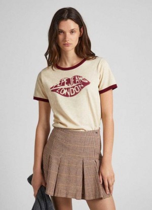 Camiseta Pepe Jeans Lips Print T-shirt Mujer Marrones Beige | 283ZADINW