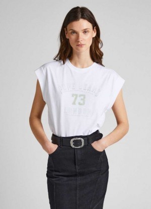 Camiseta Pepe Jeans Logo Print Sin Manga T-shirt Mujer Blancas | 593XZVIOJ