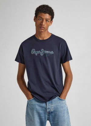 Camiseta Pepe Jeans Logo Print T-shirt Hombre Azules | 542SAXDZU