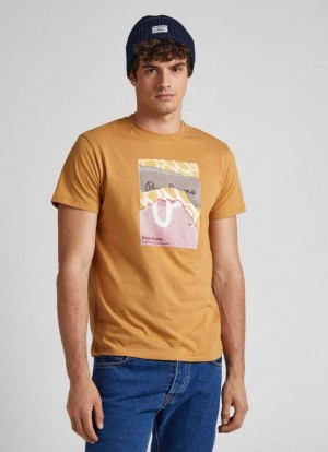 Camiseta Pepe Jeans Logo Print T-shirt Hombre Beige | 507REHXMC