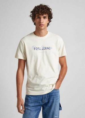 Camiseta Pepe Jeans Logo Print T-shirt Hombre Blancas | 489LYKOMB