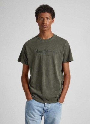 Camiseta Pepe Jeans Logo Print T-shirt Hombre Verde Oliva Verde | 431ZKRSFQ