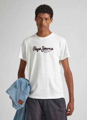 Camiseta Pepe Jeans Logo Print T-shirt Hombre Blancas | 325AVUMFT
