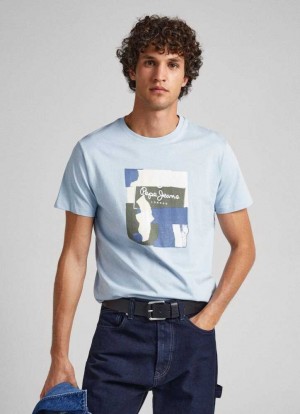 Camiseta Pepe Jeans Logo Print T-shirt Hombre Azules | 930VYMFOP