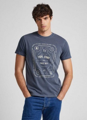 Camiseta Pepe Jeans Logo Print T-shirt Hombre Azules | 289OSBHCD