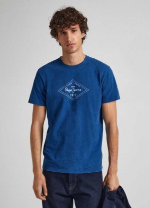 Camiseta Pepe Jeans Logo Print T-shirt Hombre Indigo Azules | 217WHFMGE