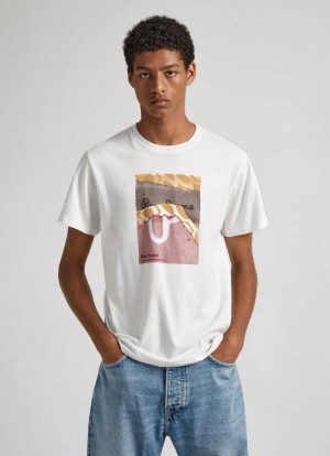 Camiseta Pepe Jeans Logo Print T-shirt Hombre Blancas | 135IWSLYD