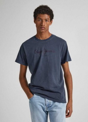 Camiseta Pepe Jeans Logo Print T-shirt Hombre Azules | 783YSPMBO