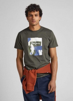 Camiseta Pepe Jeans Logo Print T-shirt Hombre Verde Oliva Verde | 726TDYFQZ