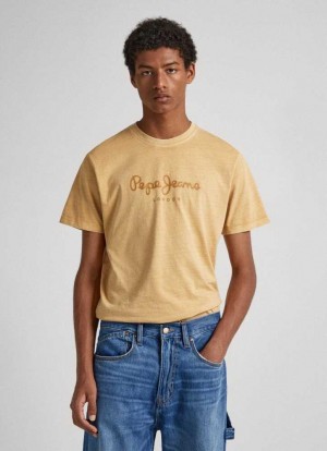 Camiseta Pepe Jeans Logo Print T-shirt Hombre Beige | 670HPZSIB