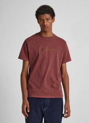 Camiseta Pepe Jeans Logo Print T-shirt Hombre Burdeos Rojas | 640PUFLDC