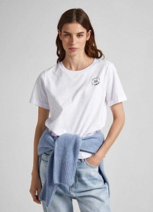 Camiseta Pepe Jeans Logo Print T-shirt Mujer Blancas | 950JRNOVQ