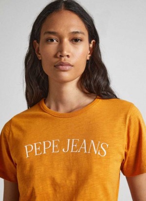 Camiseta Pepe Jeans Logo Print T-shirt Mujer Amarillo | 549AUBOIW