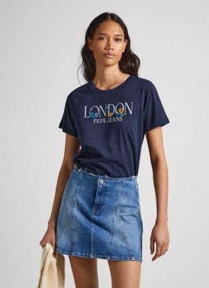 Camiseta Pepe Jeans Logo Print T-shirt Mujer Azules | 170QSDOEL