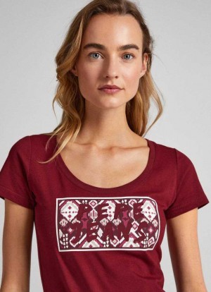 Camiseta Pepe Jeans Logo Print T-shirt Mujer Burdeos Rojas | 059HSVRYU