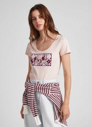 Camiseta Pepe Jeans Logo Print T-shirt Mujer Gris Rosas Rosas | 857INTOED