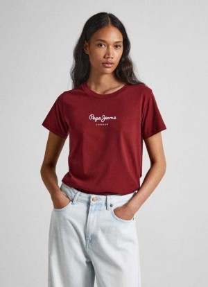 Camiseta Pepe Jeans Logo Print T-shirt Mujer Burdeos Rojas | 974EQTKMR