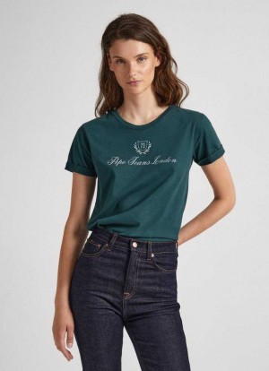 Camiseta Pepe Jeans Logo Print T-shirt Mujer Verde | 832DMALOH