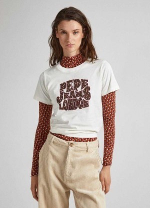 Camiseta Pepe Jeans Logo Print T-shirt Mujer Blancas | 820LOCFBA