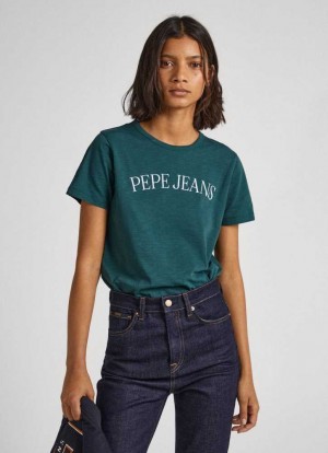 Camiseta Pepe Jeans Logo Print T-shirt Mujer Verde | 792VMQEYI